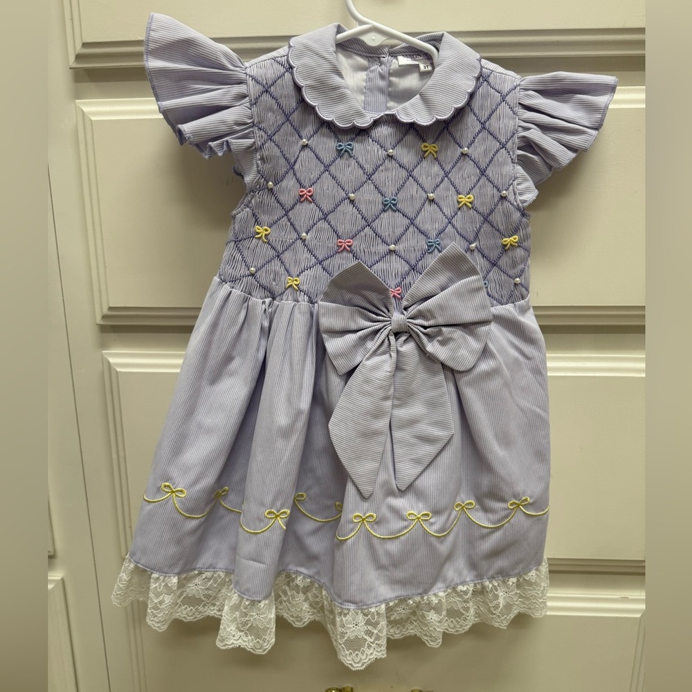 Mags N Rags Lavender Bows Heirloom Smocked Easter Dress 3T NWOT
